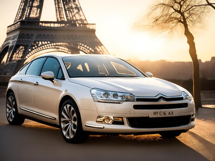 Photo at Eiffel tower, light, white c5x7 parked, golden hour, pastel, ray of light, shadow, reflection, sun, f/1.8, 35mm, bokeh