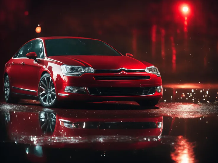 [red car c5x7 ] parked. night, wet, reflection, lights, shadow, detailed, UHD, bokeh