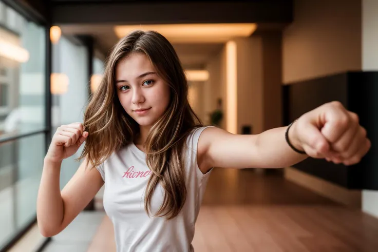 photo of a 18 year old girl,punching viewer,incoming punch,bare fist,happy,shirt,pants,ray tracing,detail shadow,shot on fujifil...