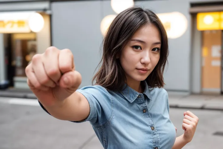 photo of a 25 year old girl,punching viewer,incoming punch,bare fist,happy,denim shirt,outdoor,windy,on the street,tokyo,ray tra...