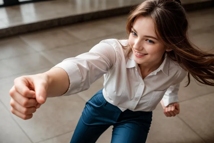 full body,from above,photo of a 18 yer old girl,punching viewer with bare fist,incoming punch,happy,laughing,looking at viewer,blue eyes,shirt,pants,ray tracing,detail shadow,shot on Fujifilm X-T4,85mm f1.2,sharp focus,depth of field,blurry background,boke...