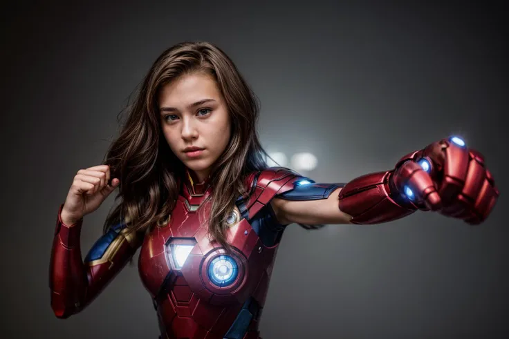 marvel movies,photo of a 18 year old girl,ironman,punching viewer,incoming punch,bare fist,happy,ray tracing,detail shadow,shot ...