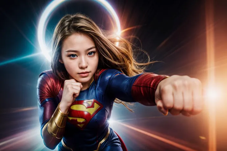 dc movies,from above,photo of a 18 year old girl,supergirl,punching viewer,incoming punch,bare fist,happy,shirt,pants,outdoor,wi...