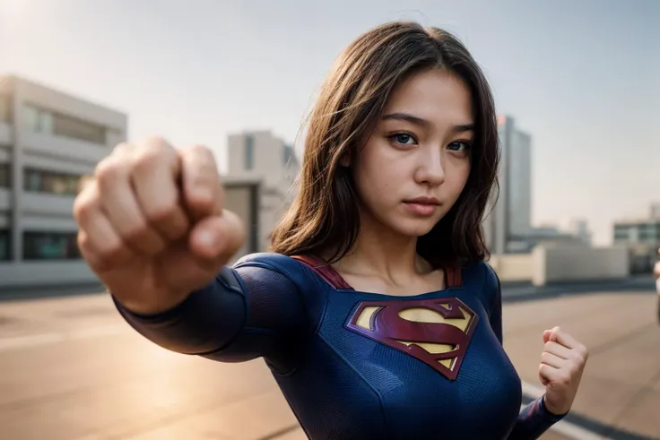 dc movies,photo of a 18 year old girl,supergirl,punching viewer,incoming punch,bare fist,happy,outdoor,windy,on the street,tokyo...