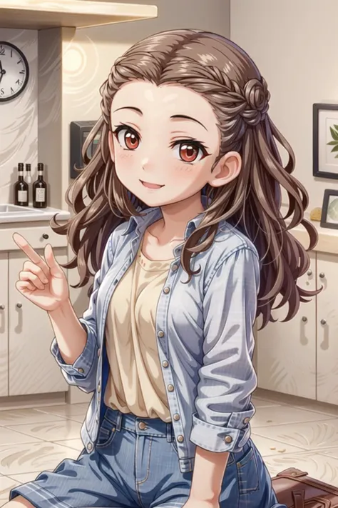 seki hiromi, long hair, brown hair, red eyes, wavy hair, 1girl, solo, smile, <lora:Seki_Hiromi:0.9>