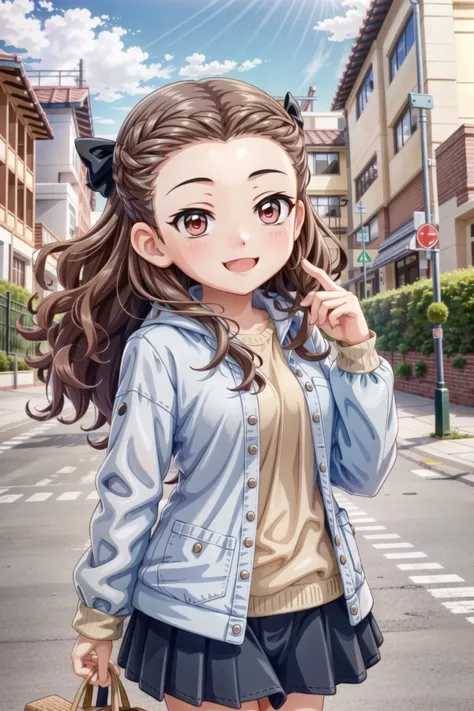 seki hiromi, long hair, brown hair, red eyes, wavy hair, 1girl, solo, smile, outdoors, <lora:Seki_Hiromi:0.9>