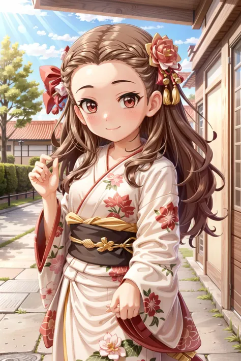 seki hiromi, long hair, brown hair, red eyes, wavy hair, 1girl, solo, smile, outdoors, <lora:Seki_Hiromi:0.9>, 1girl, solo, japanese clothes,kimono, hair ornament, looking at viewer, red kimono, obi, sash, hair flower, flower, bangs, blush, long sleeves, c...