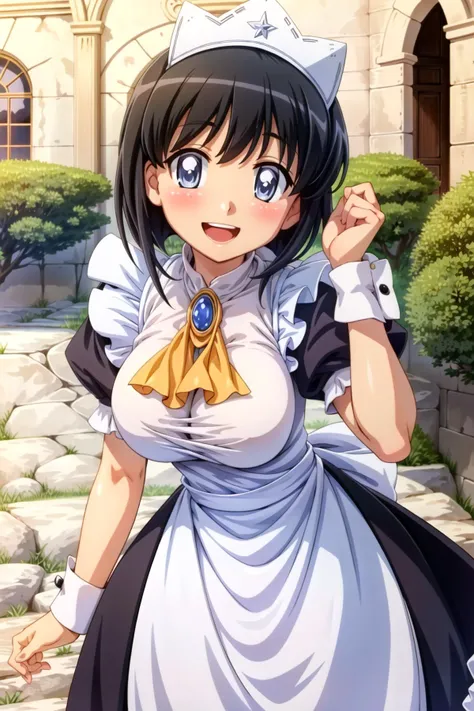 siesta, The Familiar of Zero, black hair, blue eyes, short_hair, large breasts, bangs, <lora:siestaV1:0.6>, smile, :d, outdoors, maid_dress,maid_headdress,jewelry, brooch,maid headdress, maid, short sleeves, white thighhighs, apron, large breasts, dress, g...