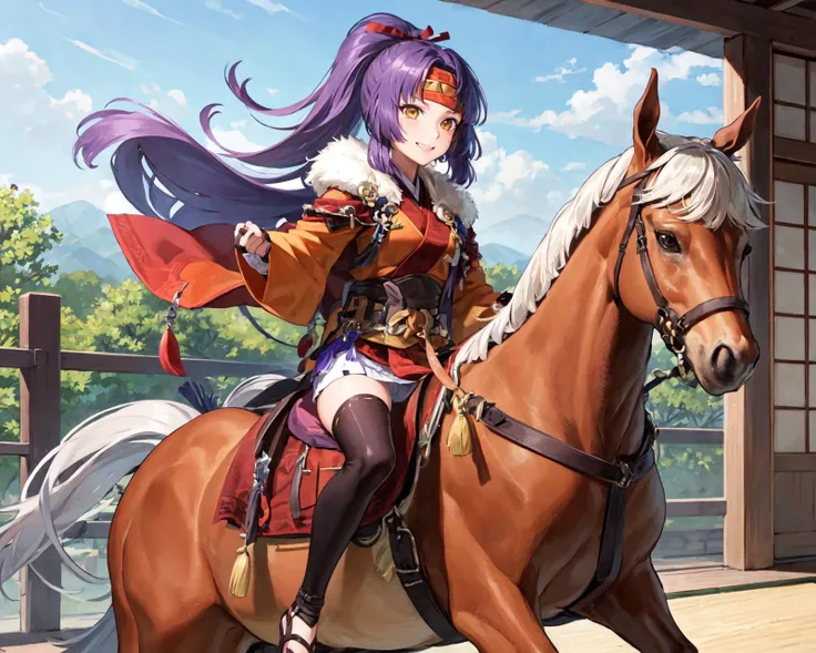 <lora:sanakiV1:0.9>,nin_sanaki,(horse,riding a horse,saddle,reins:1.2),ponytail,smile, thighhighs, gloves, red japanese clothes,fingerless gloves, cape, sandals, black thighhighs, looking at viewer, armor,fur trim, zettai ryouiki,obi, black gloves, wide sl...