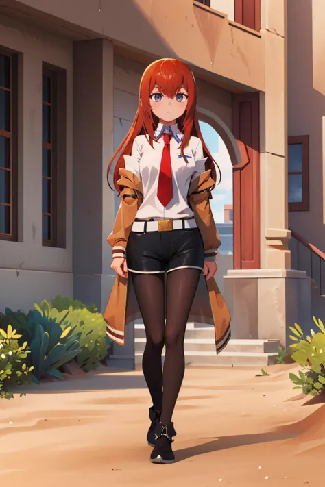 anime girl in short skirt and tie walking down a sidewalk