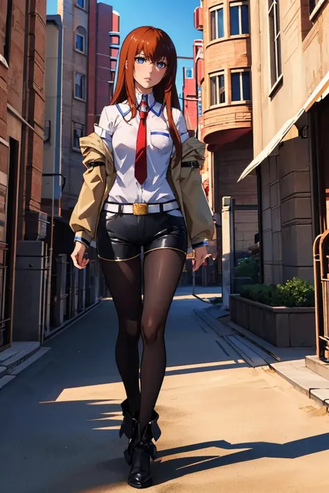 anime girl walking down a street in a short skirt and jacket