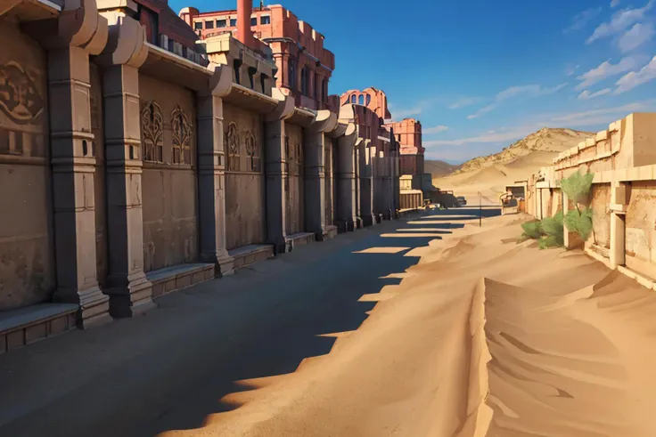 there is a picture of a desert road with buildings in the background