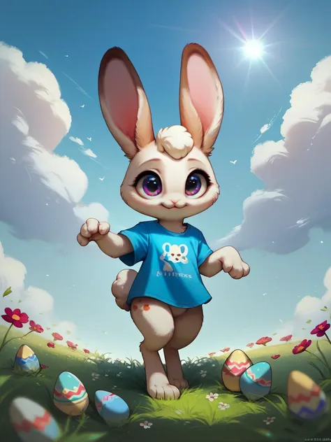 a cartoon bunny with a blue shirt and a blue shirt is running through a field of eggs