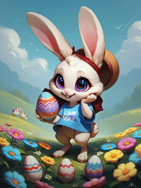 a cartoon bunny with a hat and a blue shirt holding an easter egg