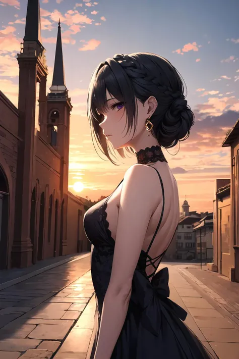 masterpiece, best quality, byzantine style, from side, 
1girl, solo, black hair, crown braid, purple eyes, standing, looking at viewer, medium breasts,
decorated dress, high collar, earrings, 
outdoors, byzantine architecture, 
intense shadow, sidelighting...