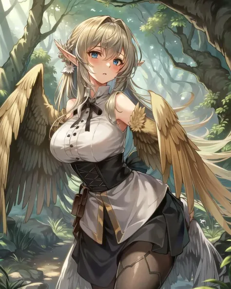 a woman with wings in a forest with a forest background