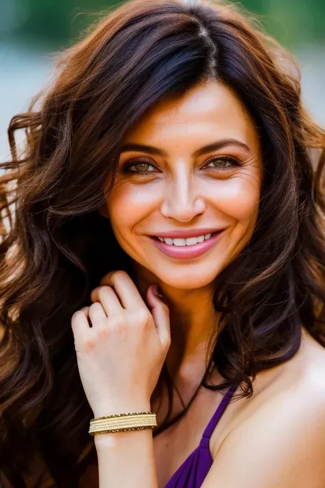 a woman with long hair and a purple top smiles at the camera