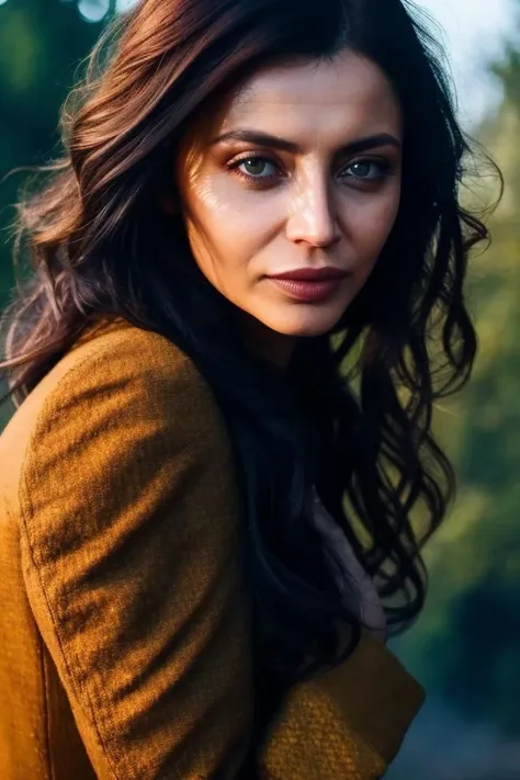 a close up of a woman with long hair and a brown sweater