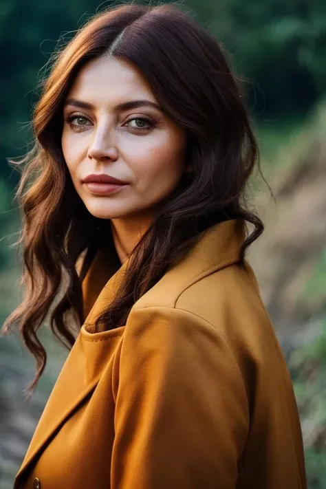 a woman with long brown hair and a brown coat