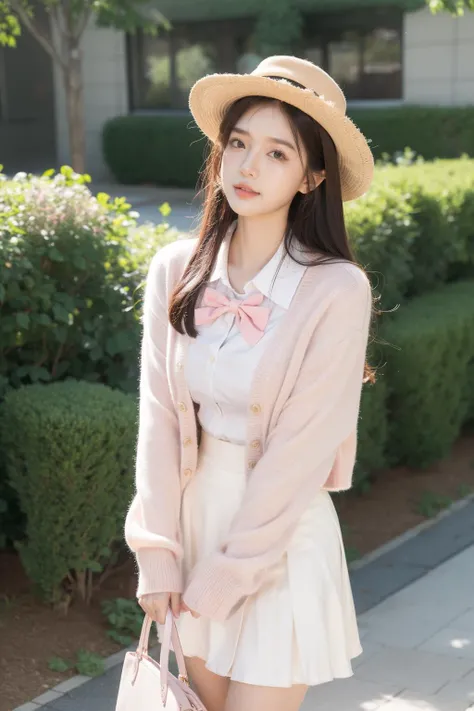 1girl,<lora:MengX girl_Mix_V40:0.8>,pink cardigan sweater,chiffon_skirt,bow,white hat,carry the bag,school_bag,lane,garden,cowboy shot,bubble_skirt,shoot from up high,parted lips,happy,blush,