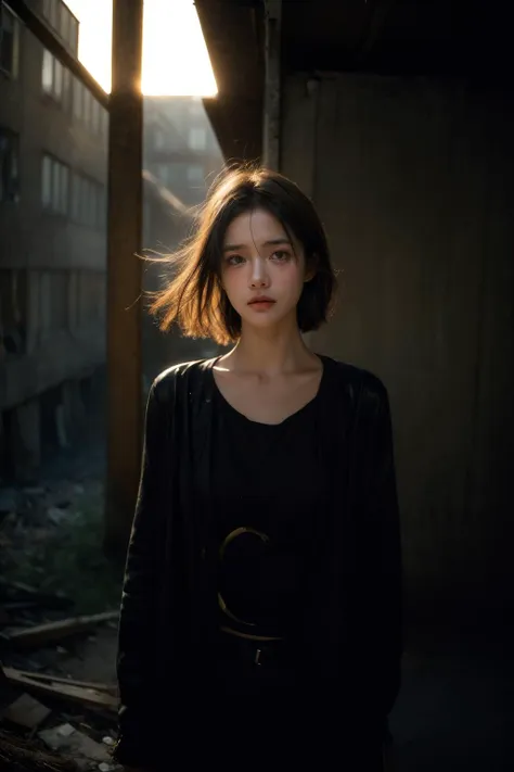 a woman standing in an abandoned building with a sun shining through the window