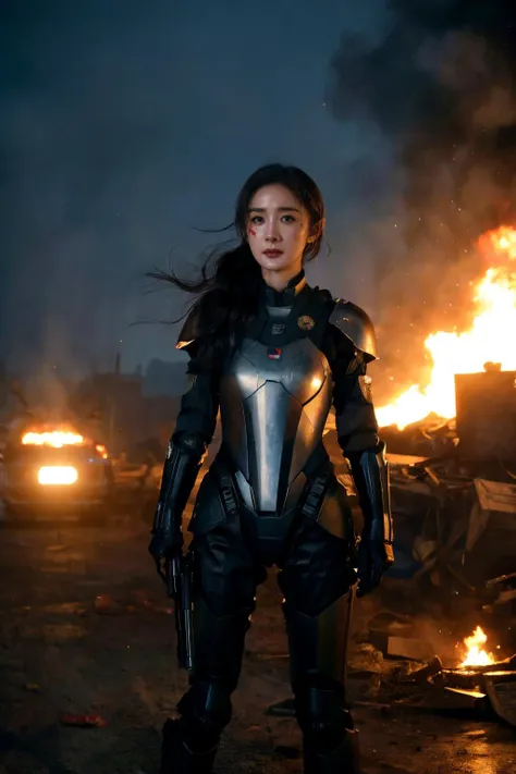 a cinematic still of a skinny young woman, wearing combat armor in a warzone.
explosions and bullets can be seen in the background.
she has medium length black hair. blood stains and wounds on her face.
perfect cinematic lighting, and volumetric lighting m...