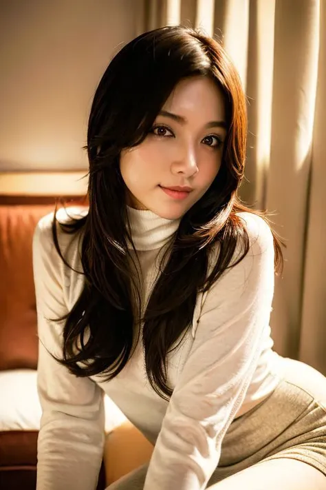 a close up of a woman sitting on a bed with a white shirt