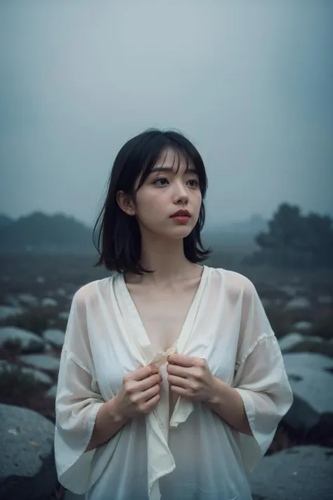 a woman standing in a field with rocks and fog