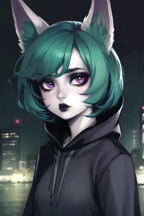 masterpiece, best quality, portrait of a girl, 1girl, vex <lora:vex3:0.7>, purple eyes, grey skin, hoodie, goth, cat ears, bored face, dark green hair with black, city at night background, detailed eyes, small goth girl