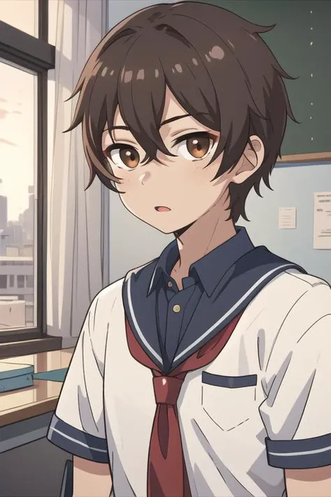 masterpiece, best quality, high quality, 1boy, solo, male focus, looking at viewer, upper body, <lora:mizuto_irido:0.70>, mizuto_irido, brown eyes, brown hair, hair between eyes, school uniform