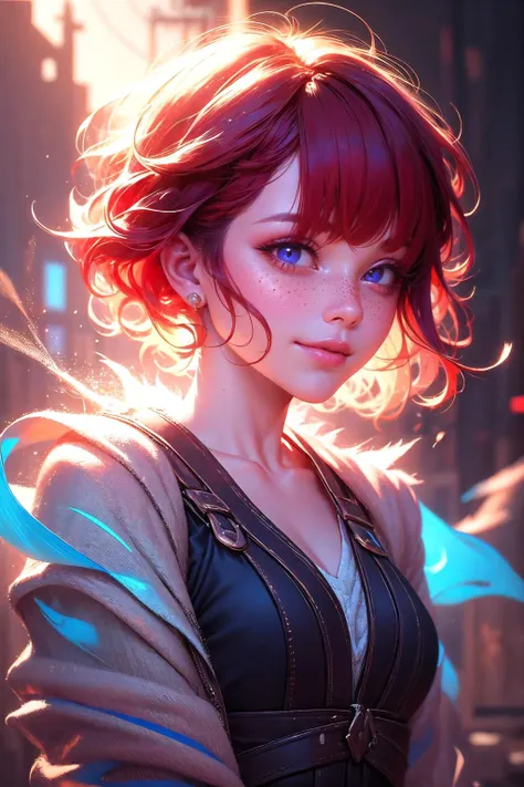 <lora:wrenchsfantasy-000016:1>, wrenchsfantasy, fantasy, glowing, 1girl, light smile, blunt bangs, hair over eyes, red hair, short hair, freckles,