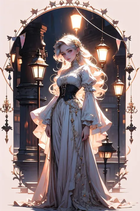 <lora:wrenchsfantasy-000016:1>, wrenchsfantasy, <lora:ElegantVic:1>, dhevictorian, victorian dress, corset, embroidery, glowing, glowing eyes, lamppost, vintage clothes, vintage art, light smile, retro artstyle, long hair, princess, elegance, simple backgr...