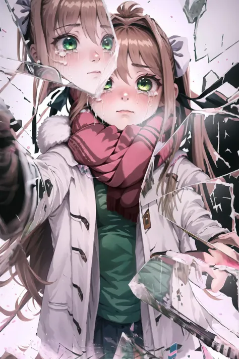 anime girl with green eyes and a scarf holding a broken glass