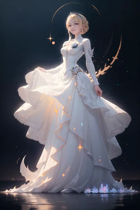 a woman in a white dress standing in front of a moon