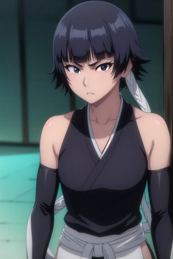 soifon, <lora:soifon-lora-nochekaiser:1>,
soifon, short hair, bangs, black hair, short hair with long locks, (black eyes:1.6), (small breasts:1.2),
BREAK gloves, japanese clothes, elbow gloves, hakama, black hakama, (haori:1.5), black kimono, long sleeves,...