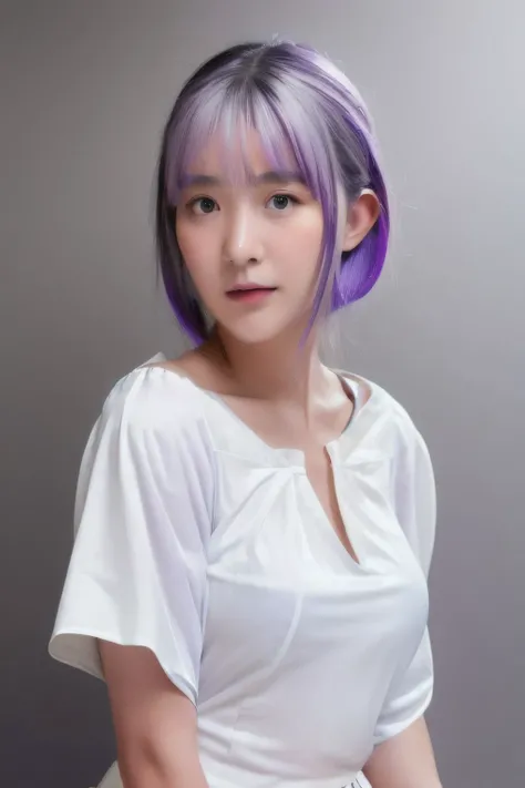 <lora:bcBeerV1.1-000011:0.6>, ponytail hair,((light purple hair)),1girl, seductive eyes, ((black eyes)),huge filesize,(close-up,face_focus:1.4), (((white blouse:1.5),(white short skirt:1.2))),((side_slit)), (isolated on dark-grey background:1.2), (soft lig...