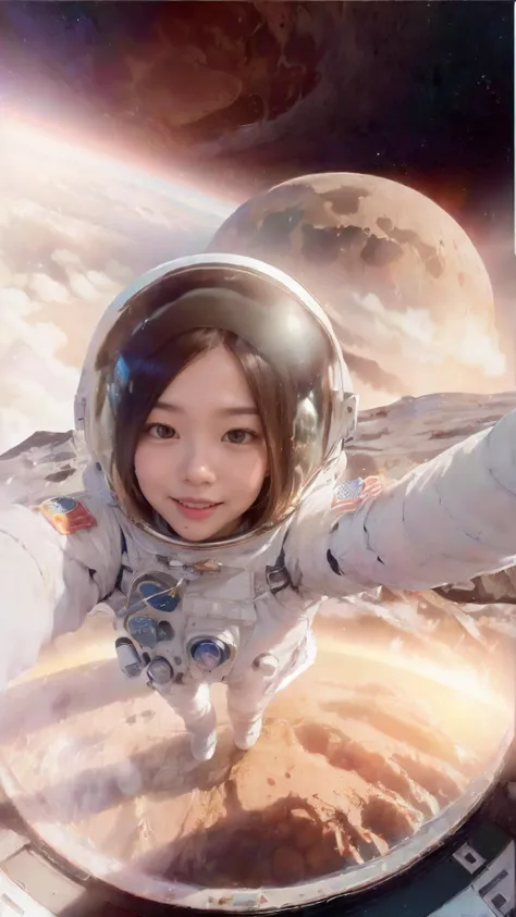 (ultra wide angle selfie photo:1.4), (high detailed realistic astronaut suit with glass helmet:1.39), (an astronaut selfie on the crater:1.38), (Earth planet in background:1.37), gloves, Nasa punk, on the moon, earth planet in background, high tech, astron...