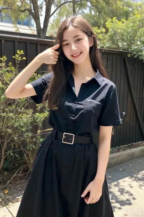 best quality, girl 18yo, messy hair, shy, (engineering workshop shirt, unbuttoned), (black long skirt, black belt), outdoors, <lora:GoodHands-vanilla:1.3>, thumbs up