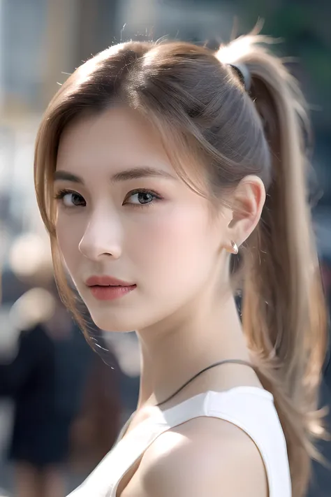 1girl,(blonde:1.2),(looking at viewer:1.2),jewelry,earrings,solo,realistic,blonde hair,long hair,brown eyes,beautiful detailed girl,(high ponytail:1.3),
upper body,white tank top, portrait,
realistic,blurry,
<lora:Zheng Ziyan:0.8>,