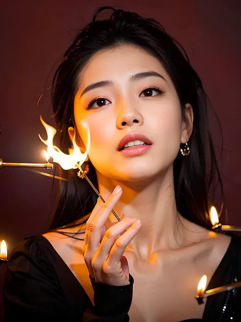 best quality,Commercial photography,close portraint of a Chinese supermodel with black formal dress,(dark background:1.3), studio light on face,holding match on fire,lust,(looking ai viewer:1.5),desire for love,,scarlet lipstick, <lora:saikaKawakita_saikaV...