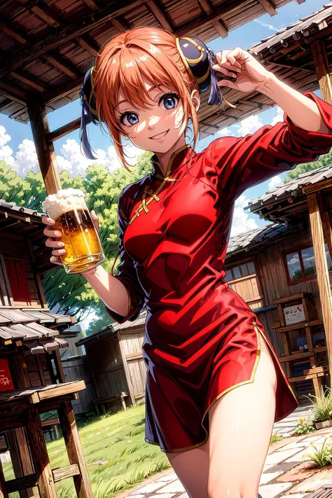 anime girl in red dress holding a beer in front of a hut