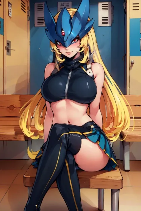 ((masterpiece,best quality)), absurdres, <lora:Beelstarmon_Digimon:0.8>, Beelstarmon_Digimon, 1girl, smile, solo,  blonde hair, large breasts, red eyes, sidelocks, third eye, mask,  cheerleader,  crop top, midriff, miniskirt, locker room, locker, indoors, ...