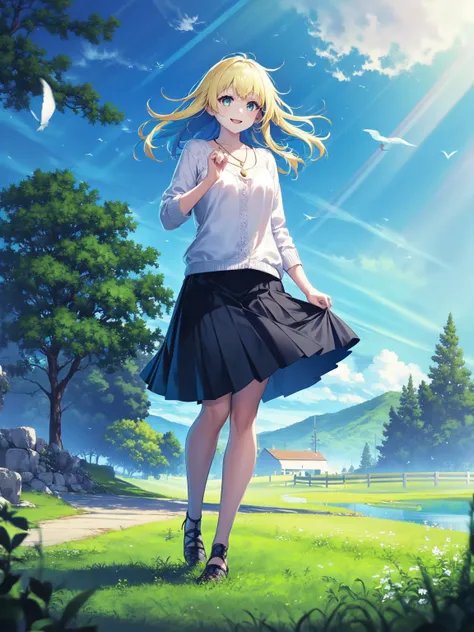 a girl in a skirt and a white shirt is standing in the grass