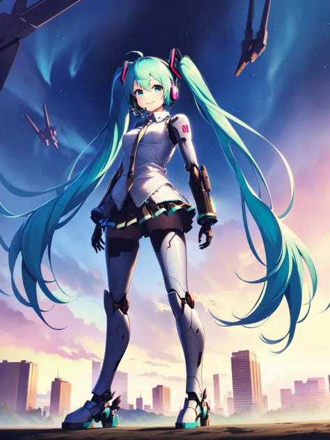 1girl, mecha_musume, long_hair, mecha, android, headset, robot_joints, headgear, science_fiction, twintails, robot_ears, looking_at_viewer, hatsune_miku, smile, headphones, solo, very_long_hair