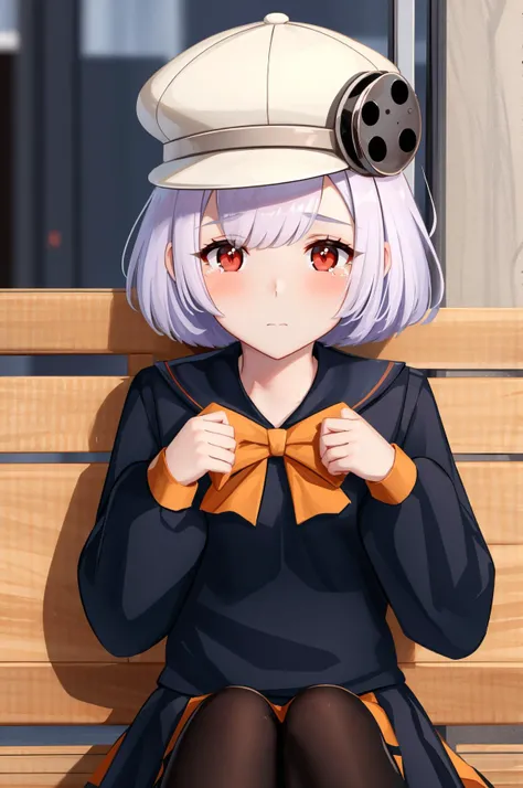 masterpiece, best quality, solo male, outdoors, <lora:zs_Hikari:1> hikaripq2, school uniform, red eyes, short hair, white hair, pantyhose, cabbie hat, (teary eyes:1.3), seated, looking at viewer, skill issue