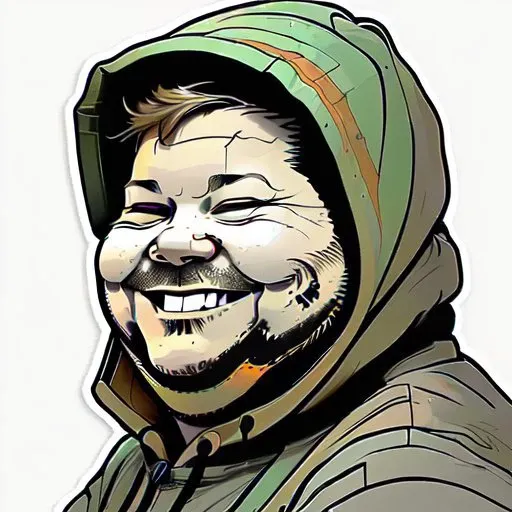 a man in a hoodie smiling, Andries Stock, face enhance, a stock photo, superflat, <lora:stickers:1>, sticker,  (fat), ((look of Schadenfreude)), (((double chinned))), fat face, up to no good