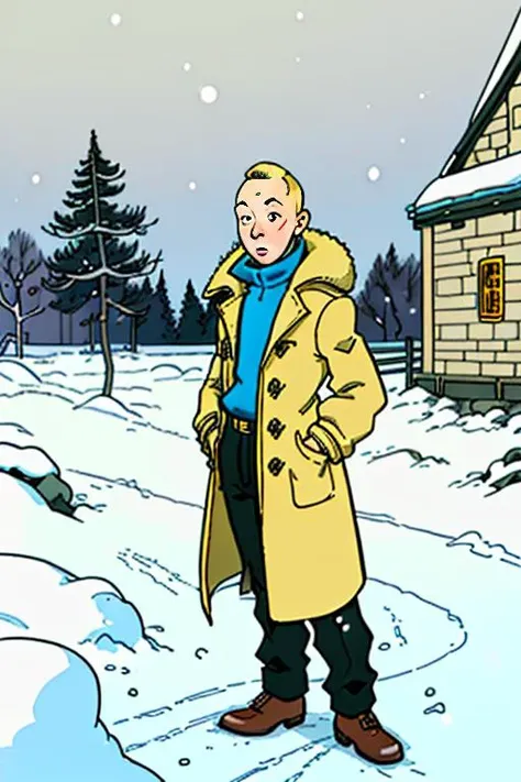 a cartoon of a man in a yellow coat standing in the snow