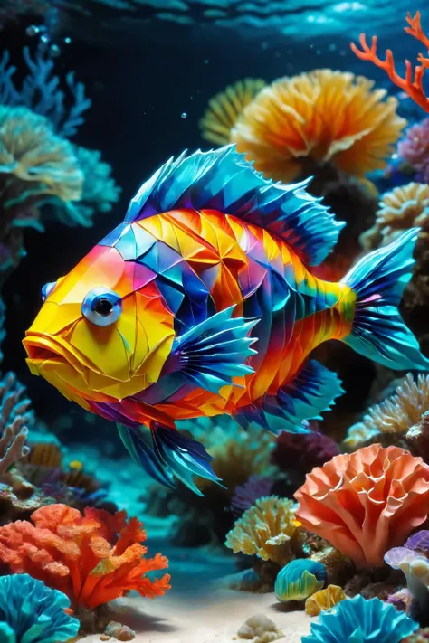 a colorful fish made of ral-orgmi swimming through coral reef, ultra-realistic, masterpiece, extremely detailed, <lora:ral-orgmi:0.6>,  <lora:SDXLFaeTastic2400:0.7>