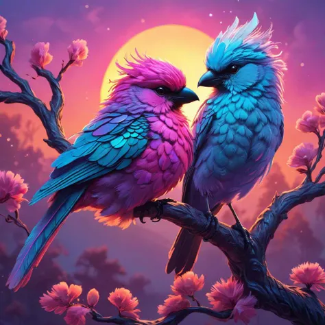 breathtaking  . award-winning, professional, highly detailed, sunset  animal   (Vibrant neon colors)    , animal  (Artistic style)  (Whimsically artistic) perched on ar branch, ethereal bird with feathers of iridescent hues,  pastel tones pinks, mauves, an...