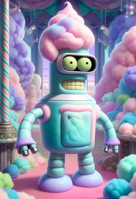 <lora:SDXLCottonCandy:1> cottoncandy an elegant benderbot made out of purple and light green cotton candy inside of a whimsical fairy pub, extremely cute, high quality, detailed, beautiful, vibrant colors